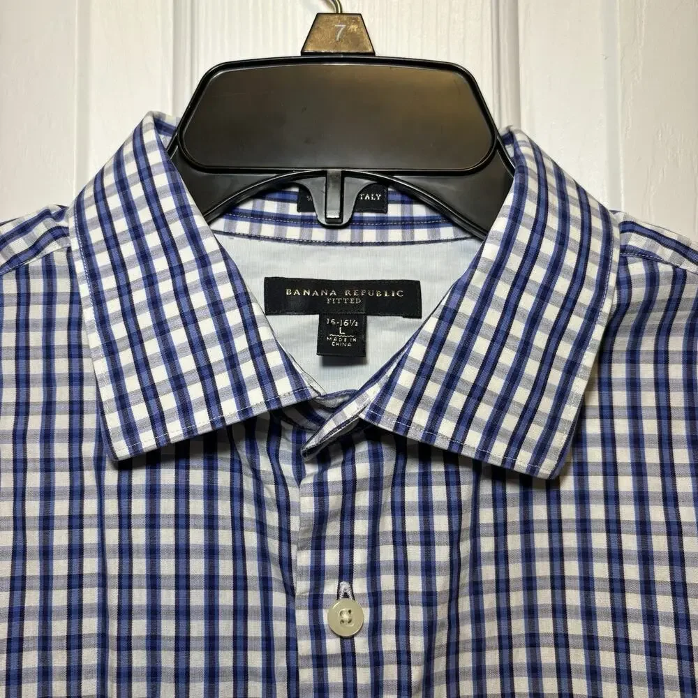 Banana Republic Button Up Men's Large 16-16.5 Fitted Blue Plaid Tailored Italy